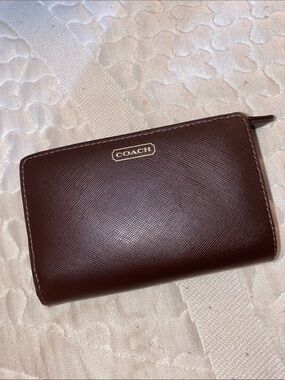Coach Brown Saffiano Leather Zip Wallet with Gold Logo
